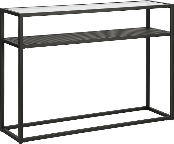 Evelyn&Zoe Nellie 42" Wide Rectangular Console Table with Metal Mesh Shelf, Blackened Bronze