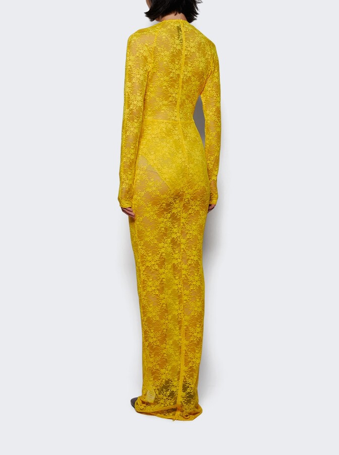 Alex Perry Long Sleeve Halter Column In Stretch Lace Yellow