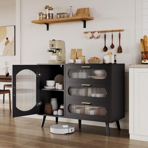 CouchetaSideboardCabinetBuffetCabinetwithStorageFlutedGlassDoorandDrawersBlackSideboardforKitchenDiningRoomLivingRoom