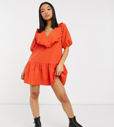 Thumbnail for your product : ASOS Petite DESIGN Petite frill v-neck mini dress with pep hem in red