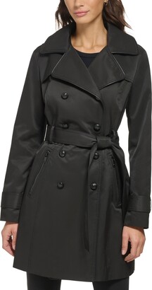 GUESS Women's Double-Breasted Hooded Belted Trench Coat