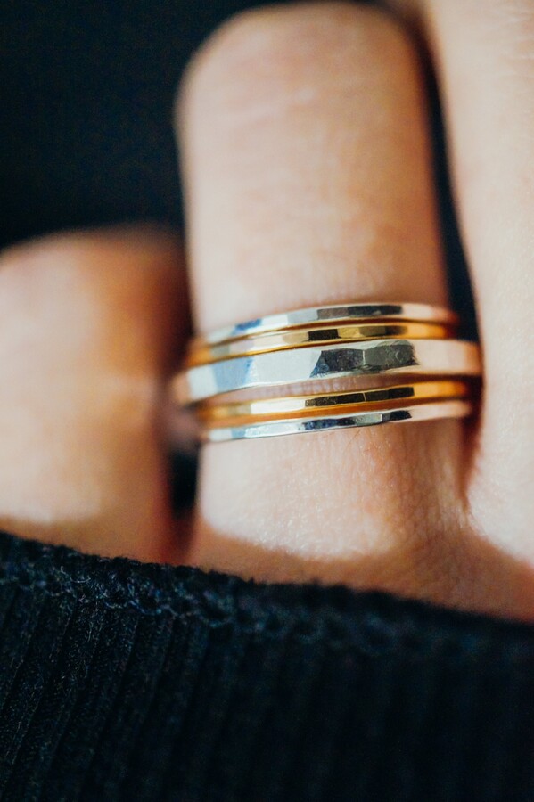 Etsy Thick Square Set Of 5 Rings Stacking Sterling Silver 14K Gold Fill Mixed Metal Hammered Unisex Masculine Mens Rings Substantial