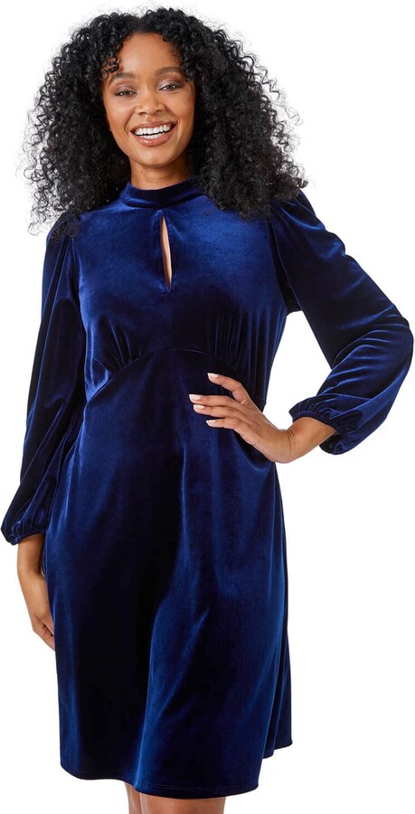 Roman Originals Roman Petite Keyhole Stretch Velvet Dress for Women UK -  Ladies Autumn Everyday Winter Holiday High Neckline Comfy Long Sleeve Soft  Frock Fit & Flare Gowns - Midnight Blue - Size 16 - ShopStyle
