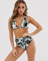 Thumbnail for your product : ASOS DESIGN DESIGN cross back halter triangle bikini top with ring detail in oversized palm print