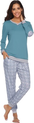 Nieery Women's Cotton Long Sleeve Pajamas Set Loungewear V-Neck Top & Wavy-Spots Bottoms Sleepwear Soft Pjs Pyjama Set Jogging Style Nightwear