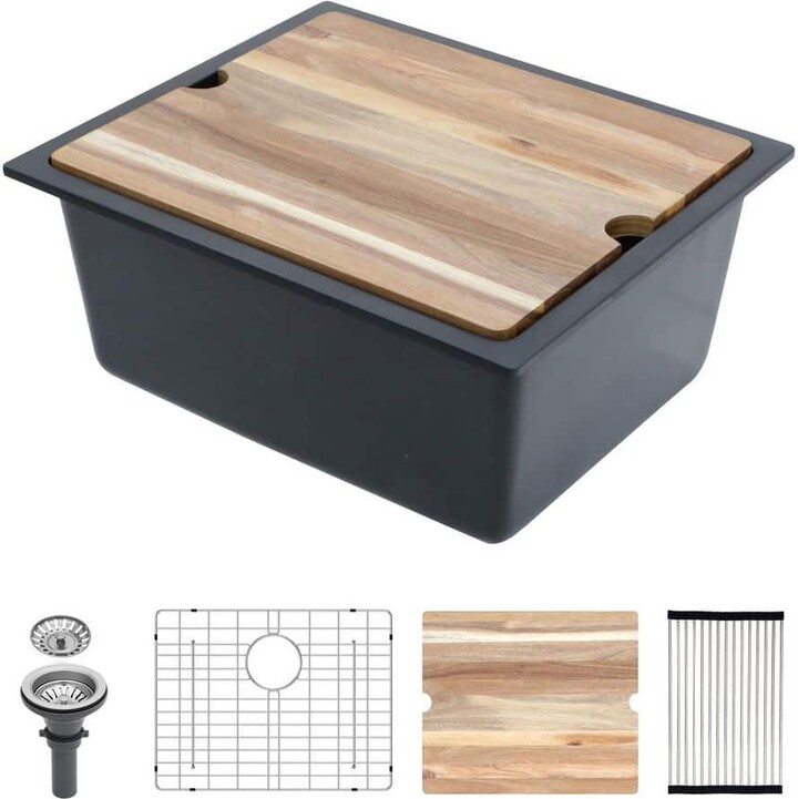 Afhocomp 21 in. Undermount Single Bowl Black Quartz Kitchen Sink with Bottom Grids, Drain Board