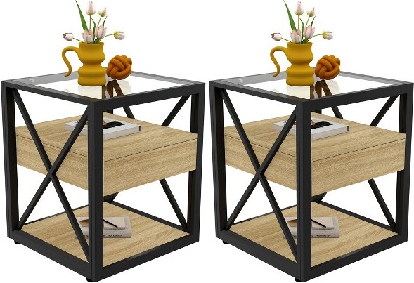 KTMBDWEndTableSetof2SmallSideTableNightstandwithTemperedGlassTopandDrawerSofaTableforSmallSpacesLivingRoomBedroomNatural