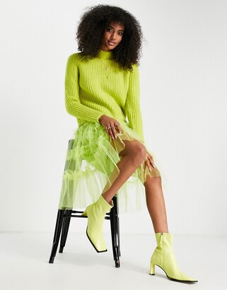 Amy Lynn tulle midi dress with jumper layering in neon yellow