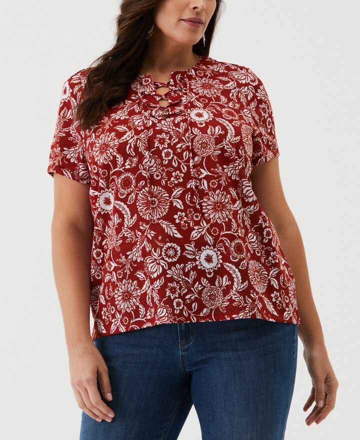 Ella Rafaella Plus Size Paisley Print Lace-Up Short Sleeve Tee Shirt