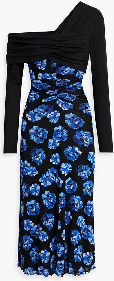 Diane von Furstenberg One-shoulder floral-print stretch mesh midi dress