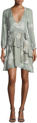 Long-Sleeve V-Neck Printed Silk Flounce Dress