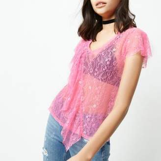 River Island Womens Bright pink lace front ruffle top