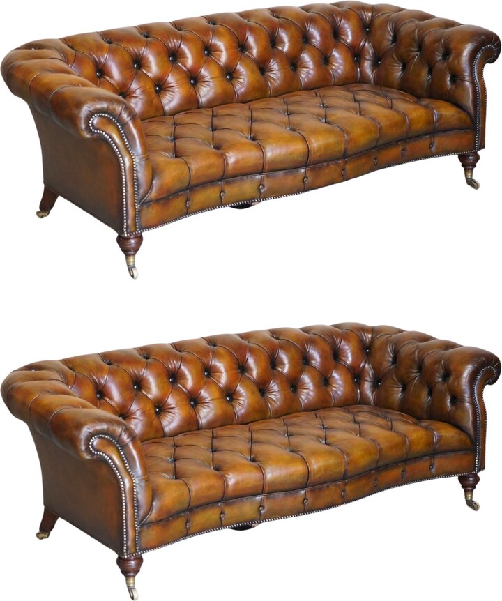 Howard & Sons Ltd Fine Important Restored Pair Of Antique Howard & Sons Leather Chesterfield Sofas