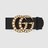 Thumbnail for your product : Gucci Wide leather belt with pearl Double G