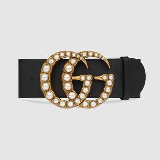 Gucci Wide leather belt with pearl Double G