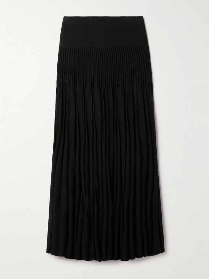 Alaia Pleated Wool Midi Skirt - Black