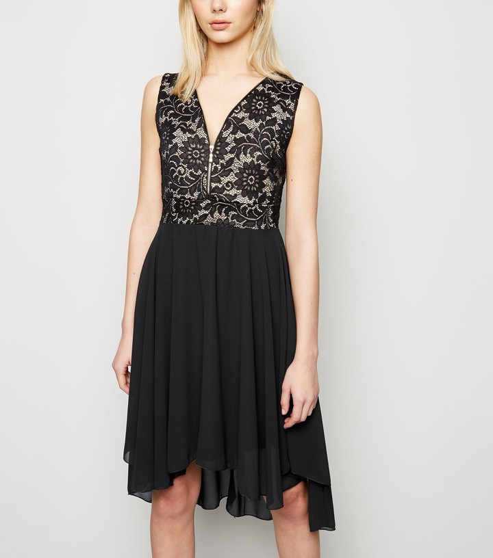 sequin top open back chiffon dip hem dress