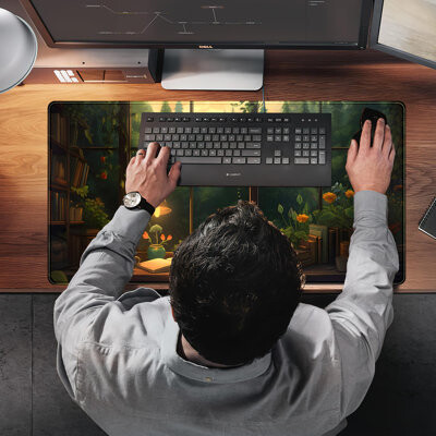 Fish hunter Anime Dark Green Plants Desk Mat Cute XXL Large Extended Mouse Pad Gaming Lofi Aesthetic Computer Laptop Keyboard And Mouse Mat Desk Accessories For