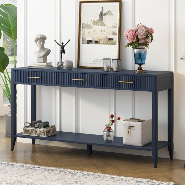 TIRAMISUBESTModernConsoleTablewithVerticalStripe3-DrawersandOpenStorageShelfMinimalistSofaTable