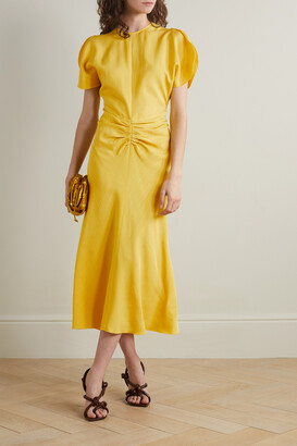 Victoria Beckham Gathered Woven Midi Dress - Yellow - ShopStyle