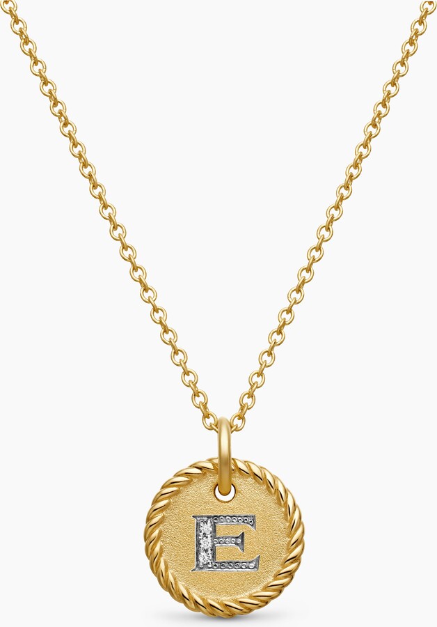 David Yurman Initial Charm Necklace in 18K Yellow Gold with Diamond E | Women's | Size 18 IN