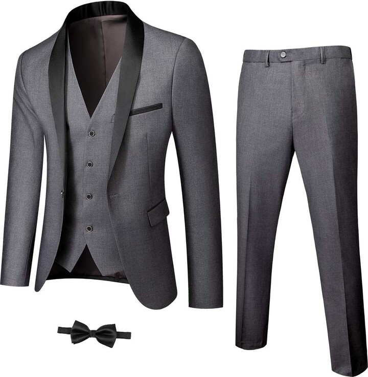 YND Men's One Button Shawl Collar Solid Jacket Vest Pants with Bow Tie ...