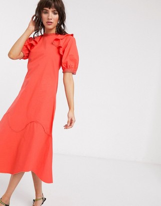 Lost Ink midaxi dress with ruffle shoulder in cotton