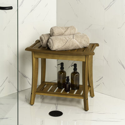 Winston Porter Tucker 22.1" Traditional Classic Slatted Solid Acacia Wood Indoor/Outdoor Shower Bench with Shelf and Handle