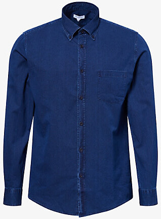 Sunspel Mens Indigo Long-Sleeves Button-Down Cotton-Poplin Shirt M