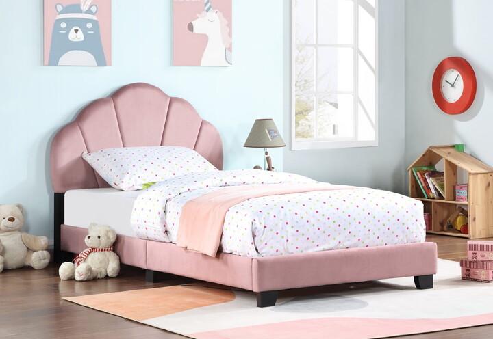 Gewnee Twin Size Bed Pink Velvet Frame Upholstered Platform Shell Headboard For Children Bedroom
