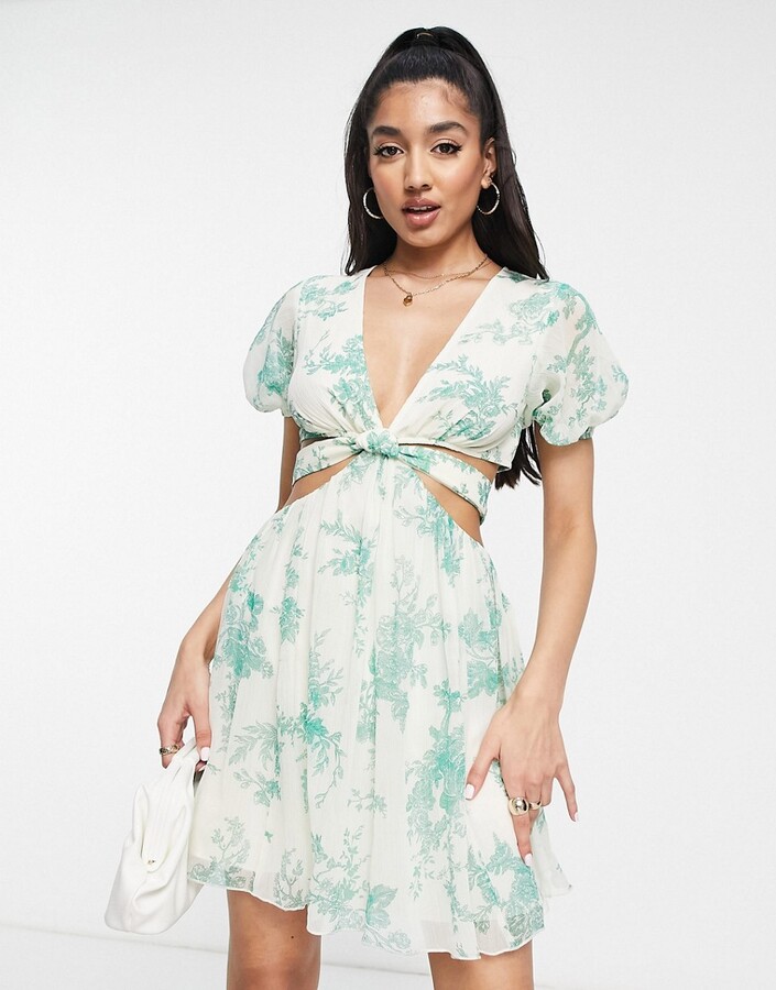 ASOS DESIGN soft tiered mini dress with tie waist detail in green floral -  ShopStyle