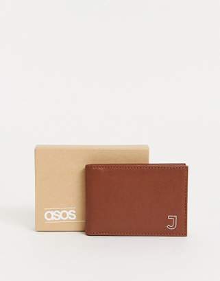 ASOS DESIGN personalised cardholder in tan leather with 'J' initial