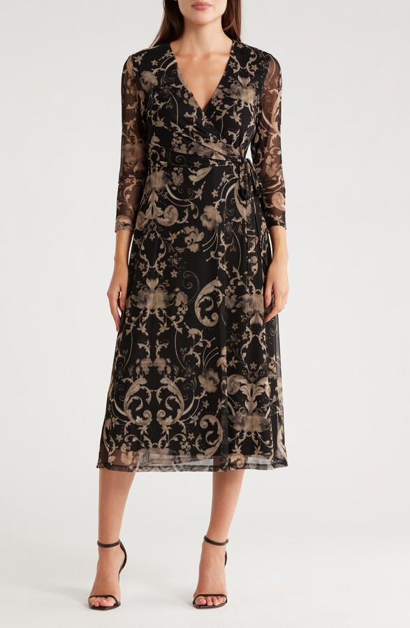 Connected Apparel Long Sleeve Wrap Style Mesh Dress