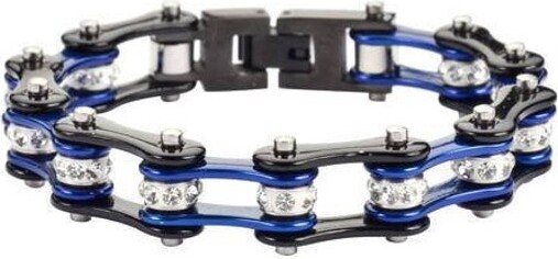 Etsy 1/2" Wide Patented Women's Two Tone Black Candy Blue White Crystal Centers Ladies Bike Chain Bracelet Heavy Metal Jewelry Sk1107