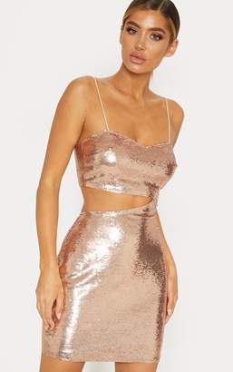 PrettyLittleThing Rose Gold Sequin Strappy Cut Out Bodycon Dress