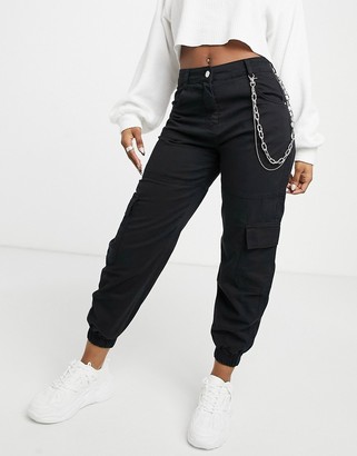Bershka canvas utility cargo pants with chain in black - ShopStyle