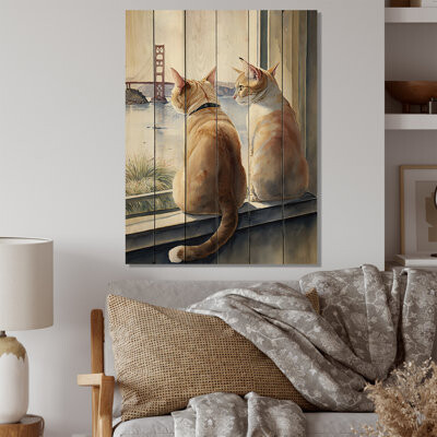 Red Barrel Studio Two Cats Sitting By The Coast II - Unframed Print on Wood