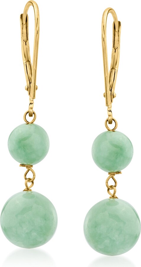 Ross-Simons Jade Double-Bead Drop Earrings in 14kt Yellow Gold