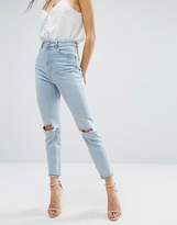 Thumbnail for your product : ASOS DESIGN FARLEIGH High Waist Slim Mom Jeans In Beech Light Stonewash with Busted Knees and Chewed Hems