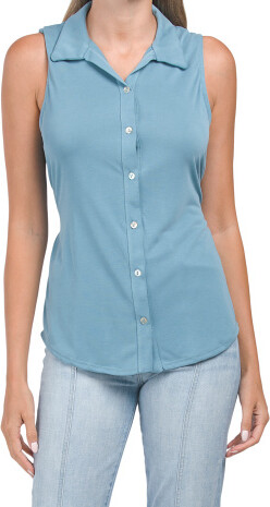 Women's Pastel Blue Front Tie Knot News Paper Print Button Down Collared  Sleeveless Shirt