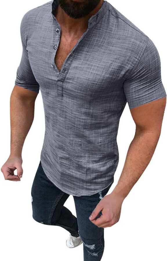 F_Gotal Mens T-Shirts Fashion Summer Long Sleeve Cotton Linen Henley Casual Sport Tees Blouse Tops Shirt for Men 