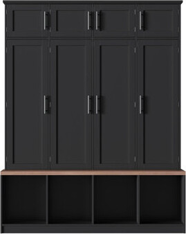 Red Barrel StudioÂ® Farmhouse Hall Tree with 4 Hidden Hanging Hooks, Versatile Walnut Seating Bench with 8 Doors, Entryway Shoe Cabinet with Open Compartments for Living
