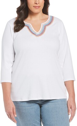 Rafaella Women's Rib-Knit 3/4 Sleeve Top with Multi-Color Embroidery