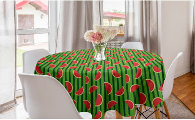Melon Round Tablecloth, Cartoon Watermelon Slices On Vertical Stripes, Circle Table Cloth Cover For Dining Room Kitchen Decoration, 60", Fern Green Hu