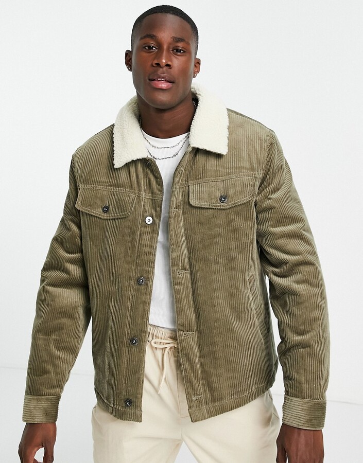 Topman cord jacket with borg collar in khaki - ShopStyle