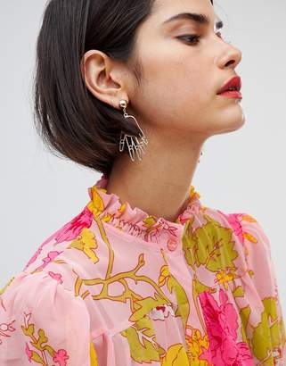 ASOS Design Blouse with Ruffle High Neck in Bright Pink Retro Floral