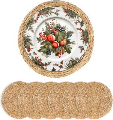 Rosecliff Heights Round Woven Placemats Set Of 6 - Boho Rattan Water Hyacinth Placemats For Dining Table, Farmhouse Rustic Braided Wicker Table Mats For Home And Weddin