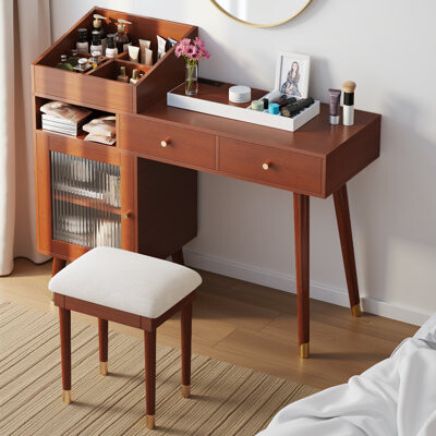 Space-Saving Makeup Vanity Desk with Charging Port, Dressing Table Set with Stool for Bedroom
