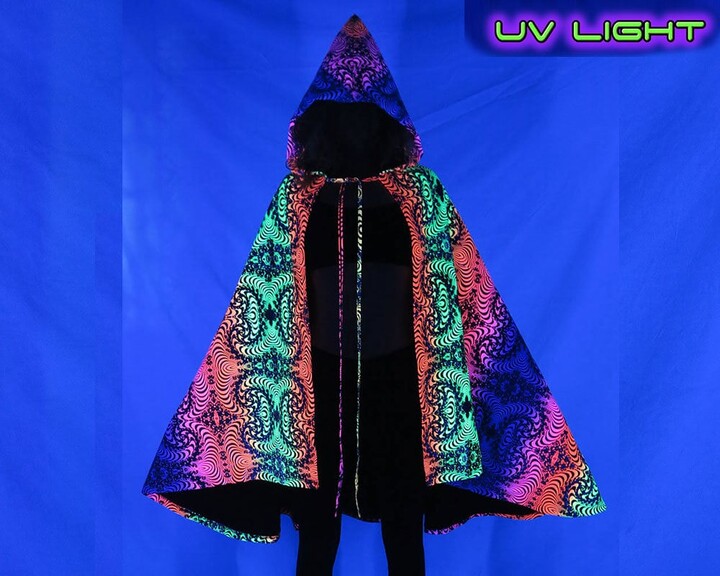 Etsy Hooded Cape "Rainbow Fractal". Psychedelic Poncho. Uv Reactive Cloak With Pixie Hood. Festival Wear