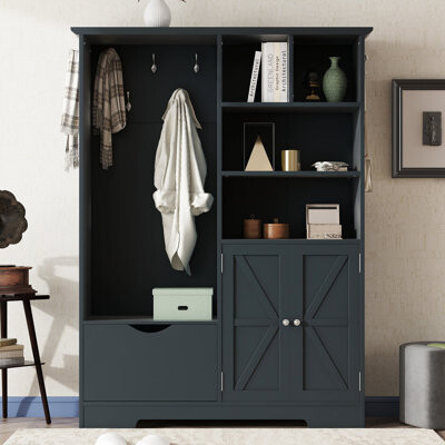 Multi-Functional Hall Tree With Storage Shelves Drawers And Cabinet, Elegant Hallway Shoe Cabinet With Bench, Modern Coat Rack With Hooks For Hallway